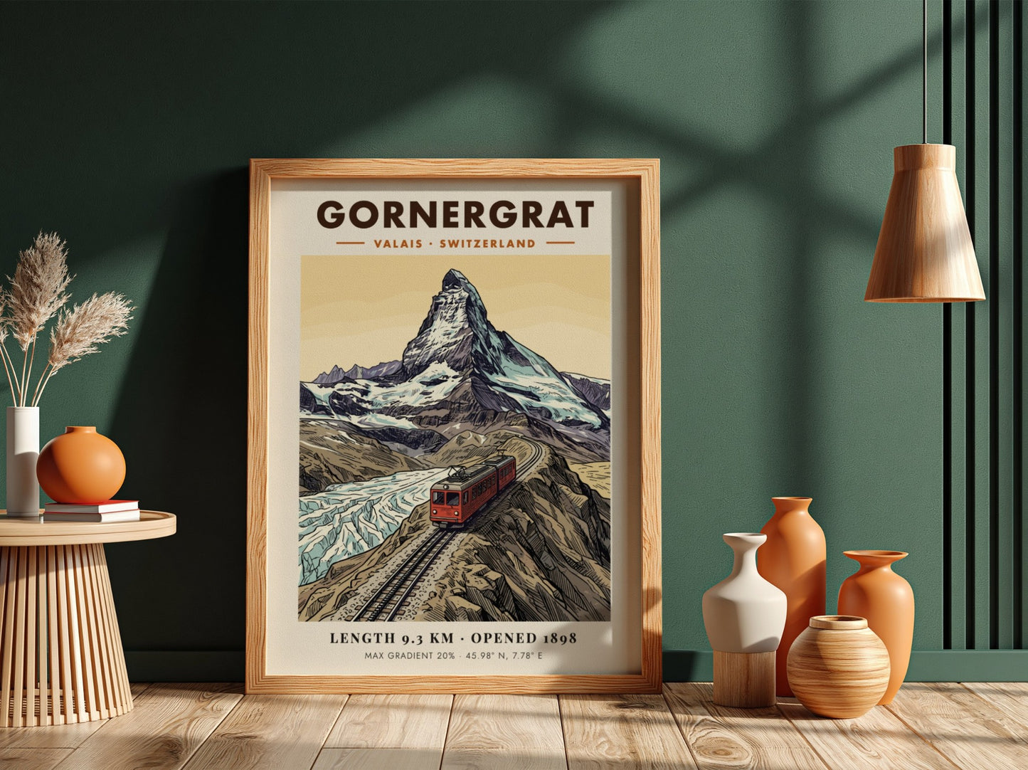 Poster of a red train climbing the Gornergrat mountain towards the snowy Matterhorn peak.