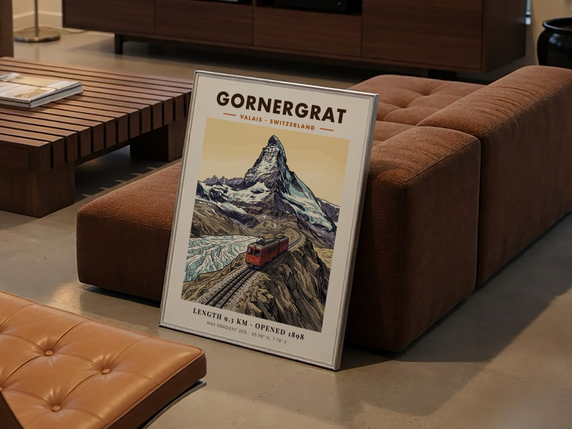 Poster of a red train climbing the Gornergrat mountain towards the snowy Matterhorn peak.