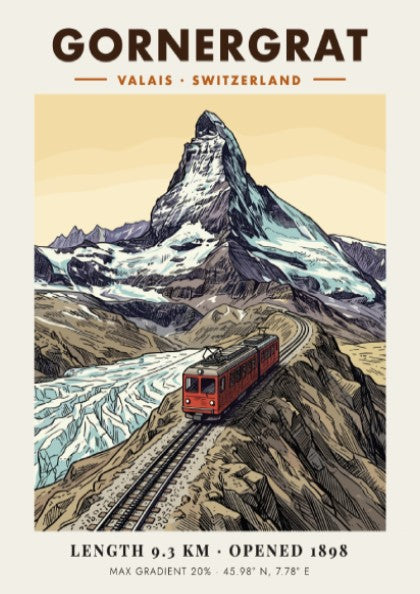 Poster of a red train climbing the Gornergrat mountain towards the snowy Matterhorn peak.
