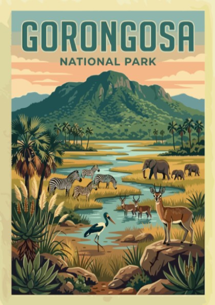 Gorongosa National Park poster featuring wildlife and landscapes in vibrant colors