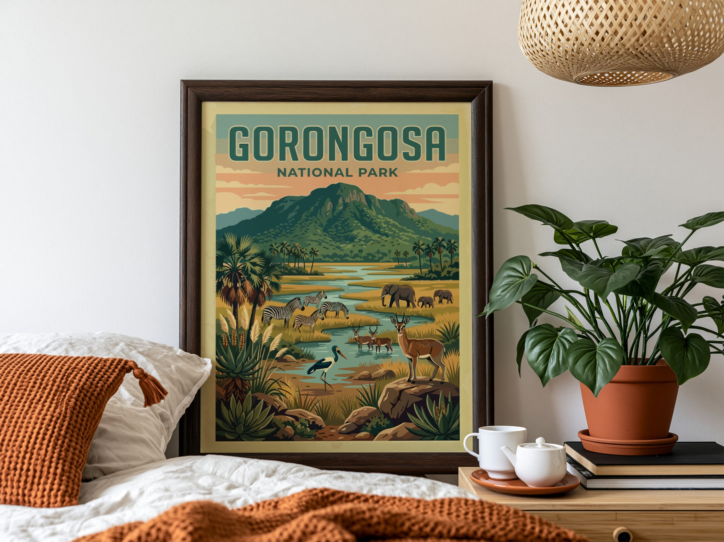 Gorongosa National Park poster featuring wildlife and landscapes in vibrant colors