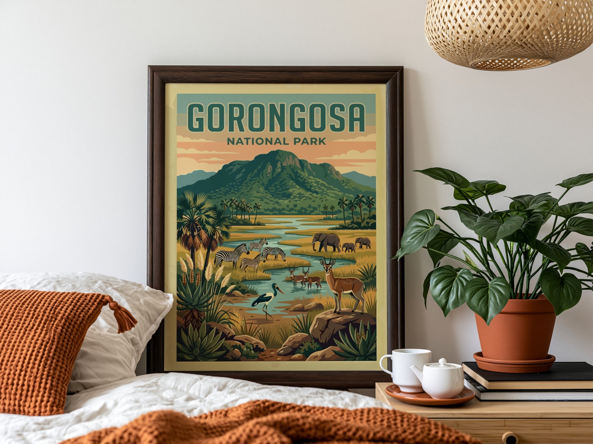 Gorongosa National Park poster featuring wildlife and landscapes in vibrant colors