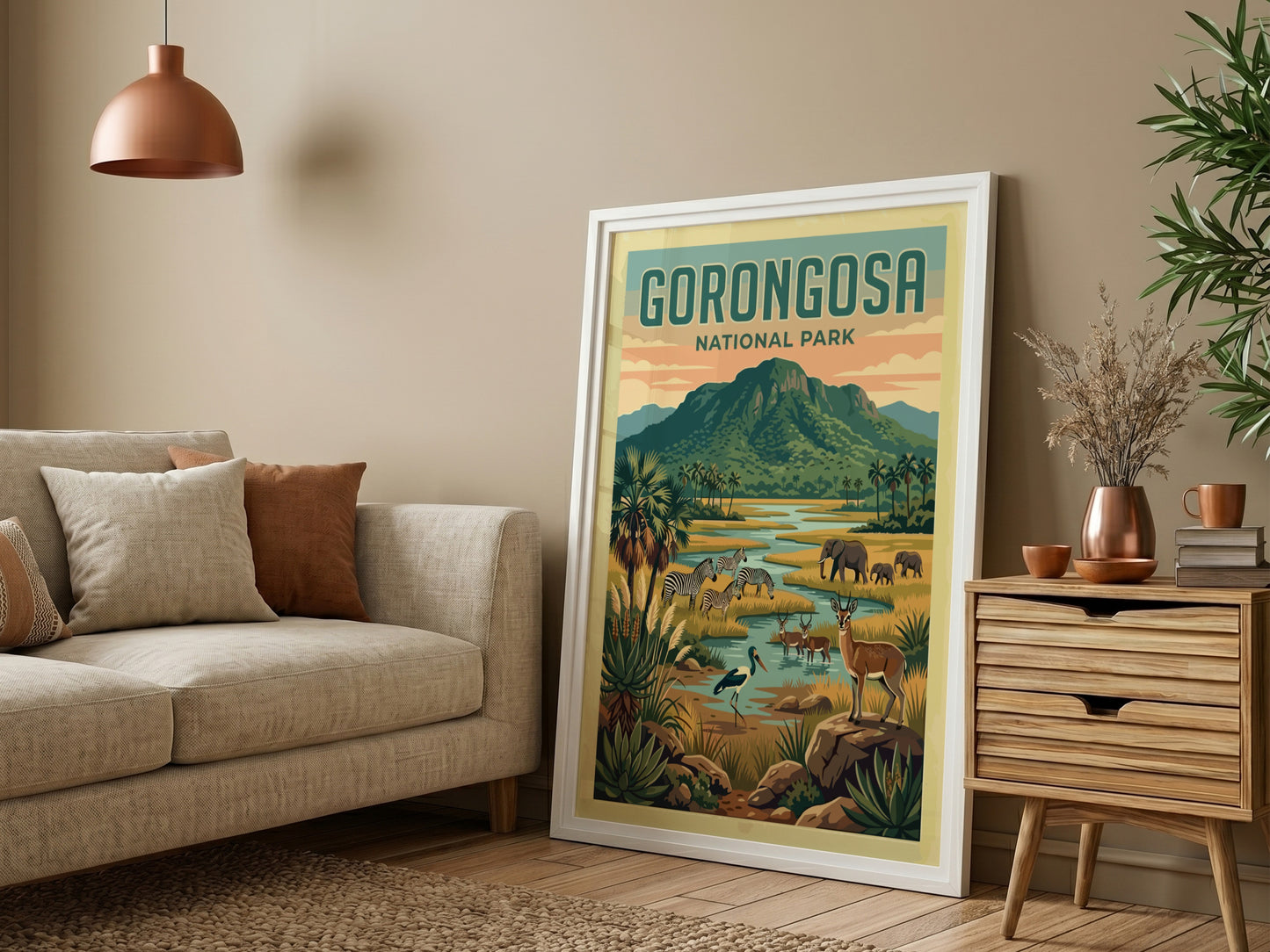 Gorongosa National Park poster featuring wildlife and landscapes in vibrant colors