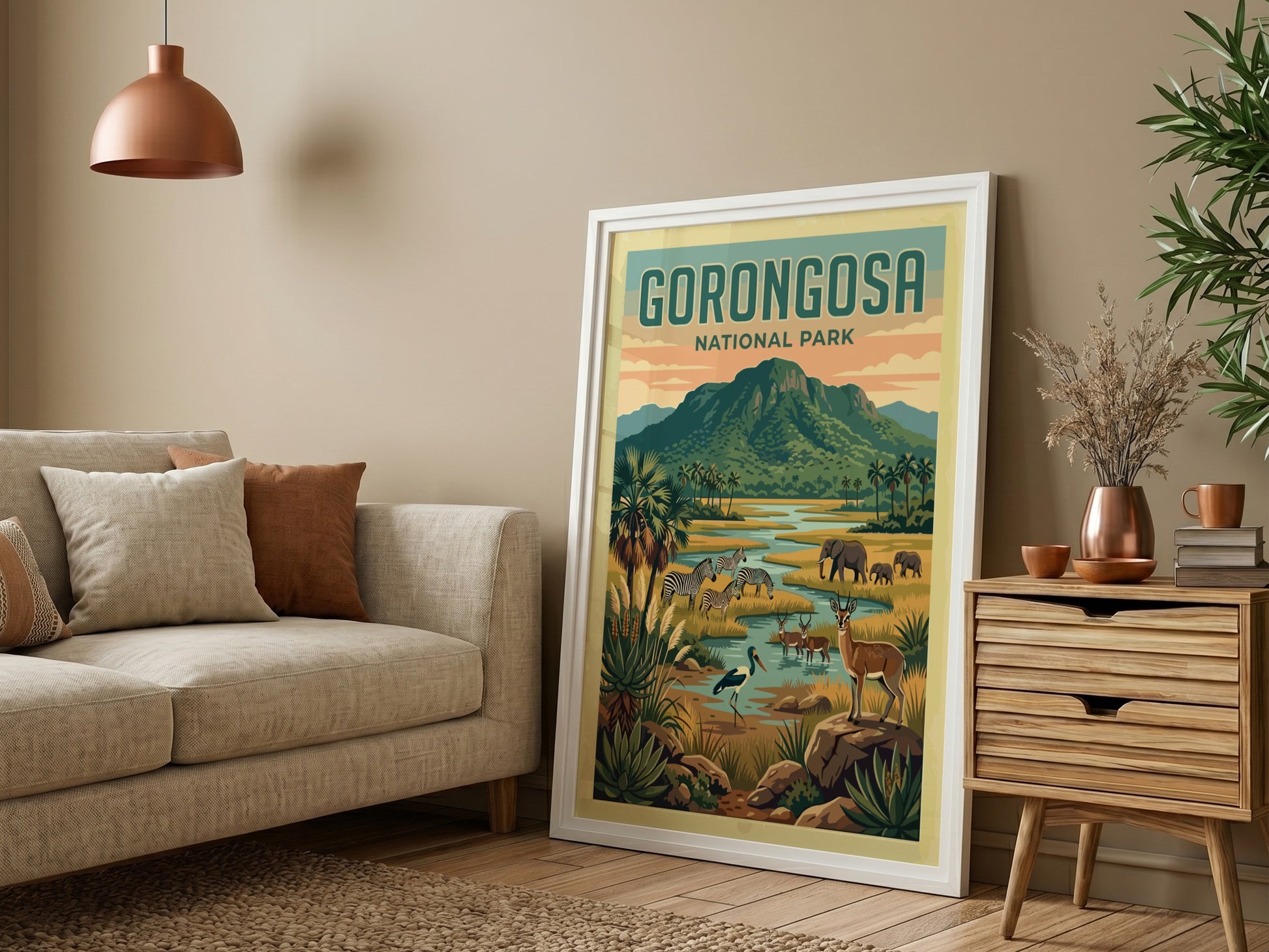 Gorongosa National Park poster featuring wildlife and landscapes in vibrant colors
