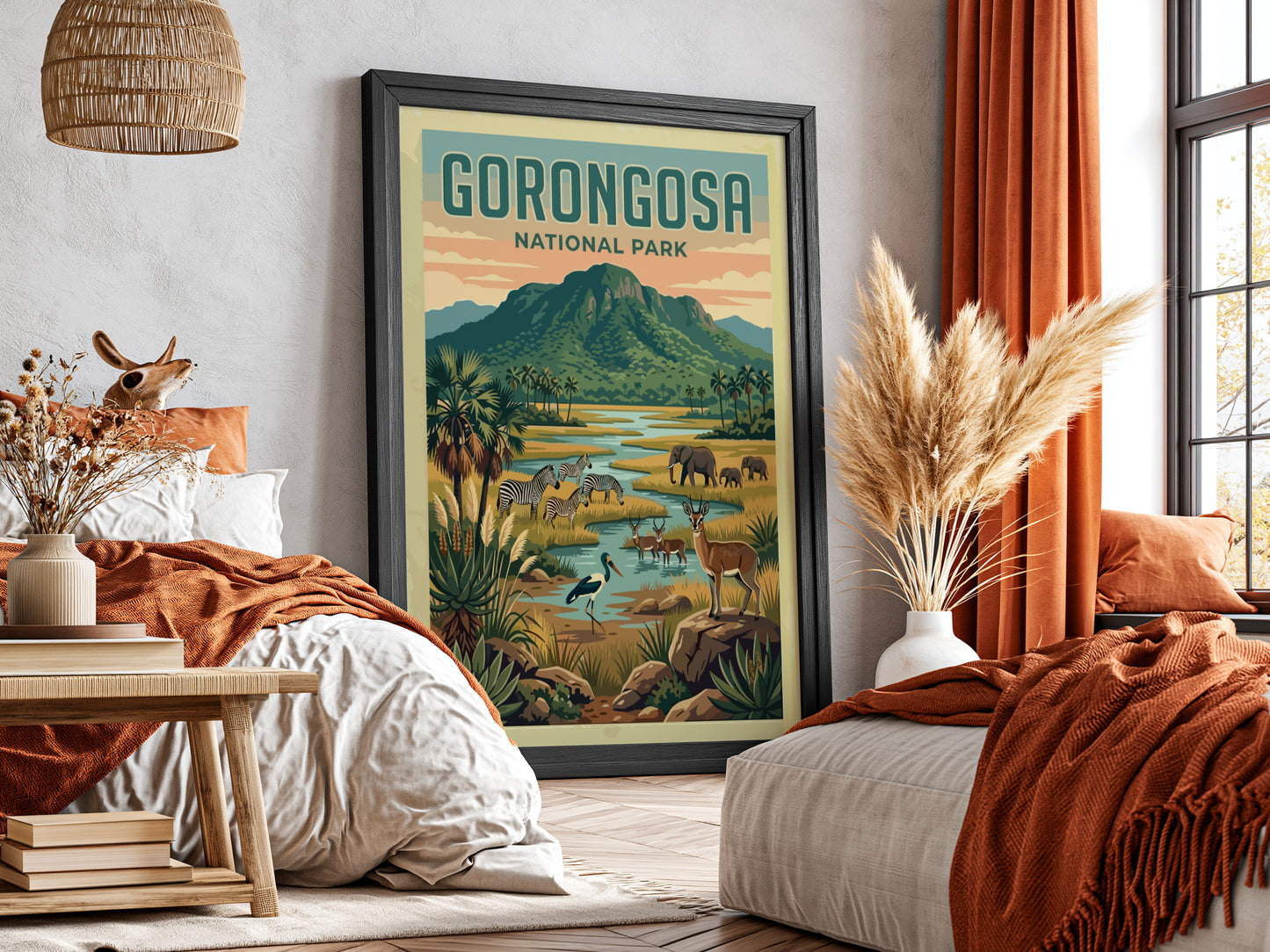 Gorongosa National Park poster featuring wildlife and landscapes in vibrant colors