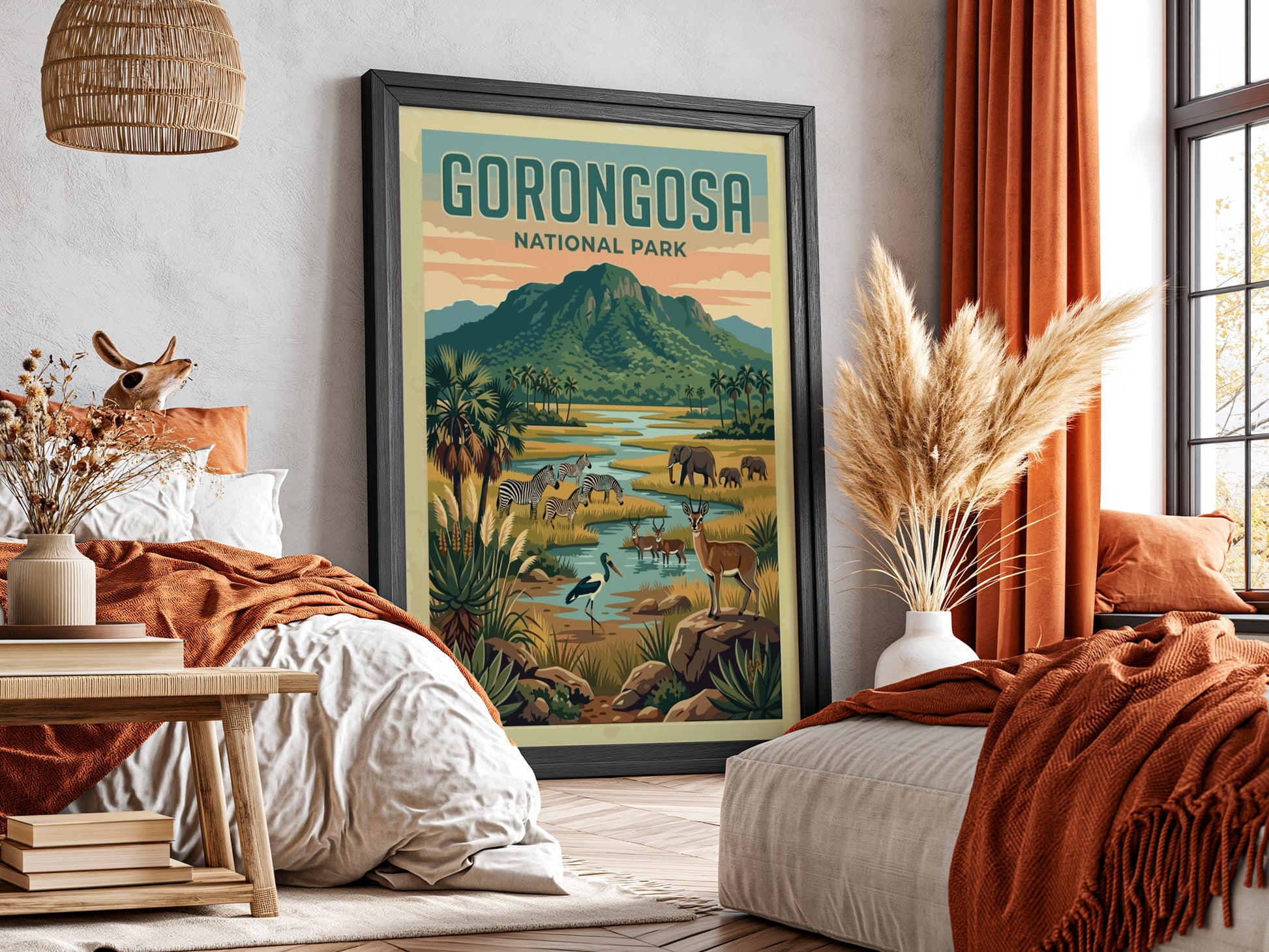 Gorongosa National Park poster featuring wildlife and landscapes in vibrant colors