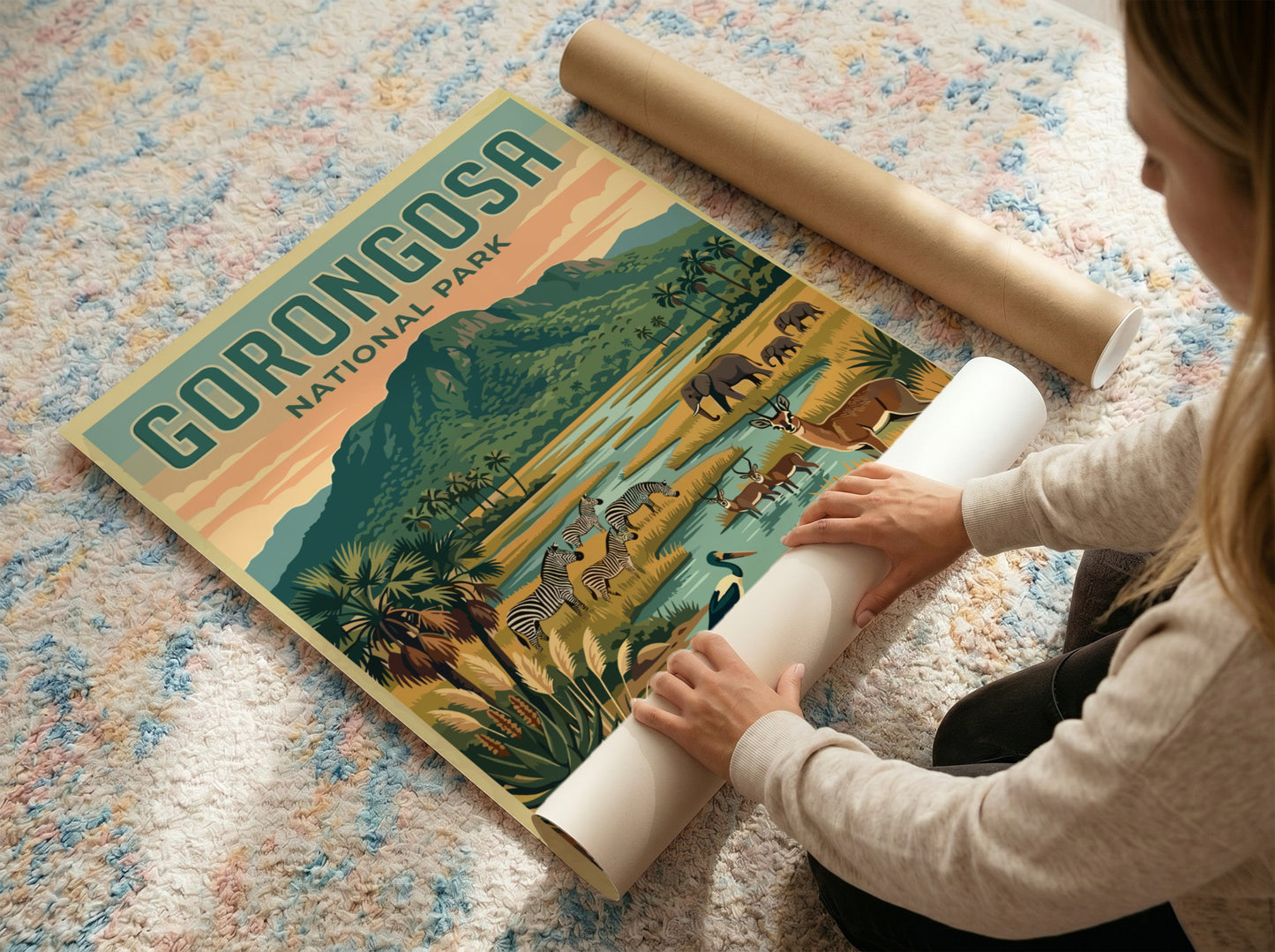 Gorongosa National Park poster featuring wildlife and landscapes in vibrant colors