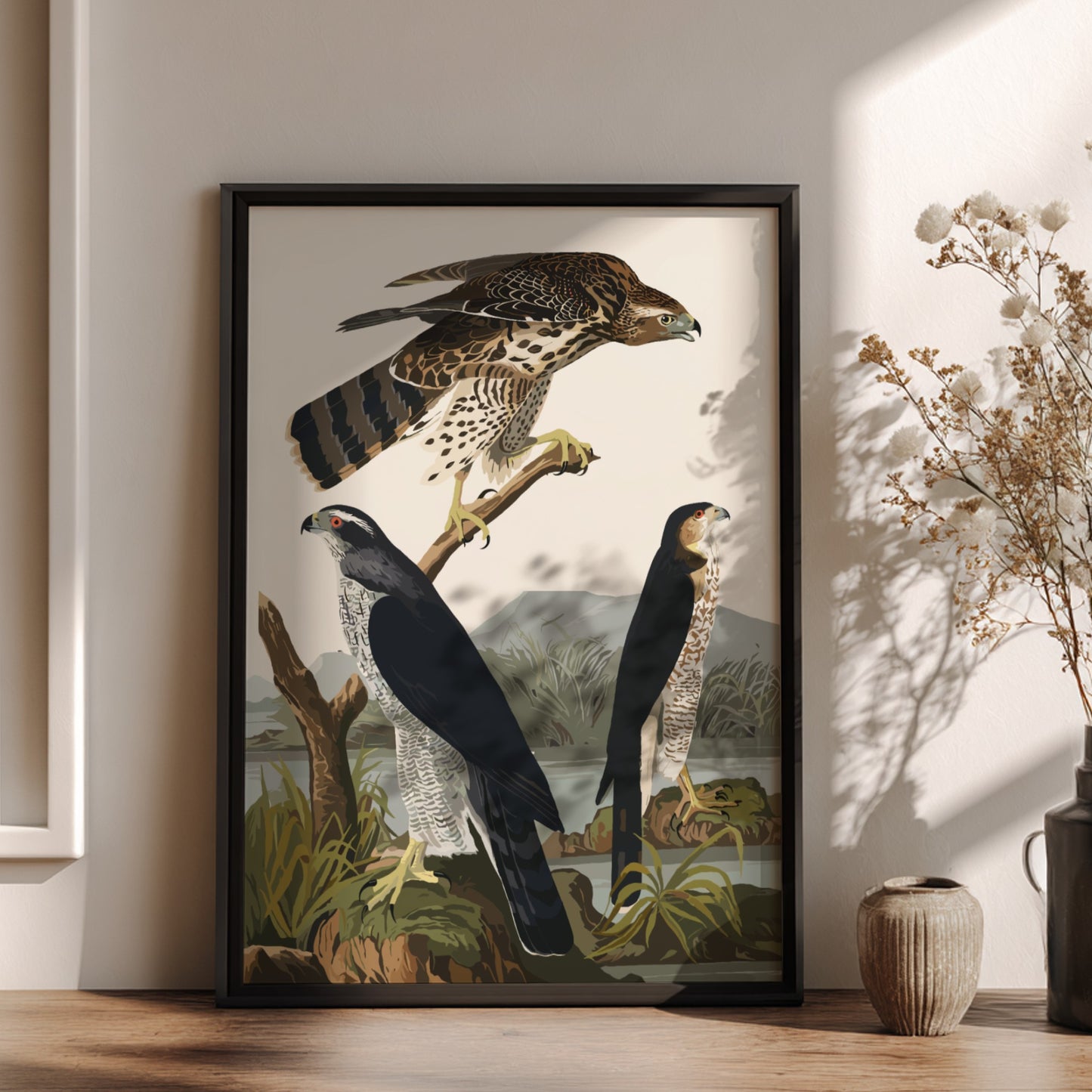 Goshawk and Stanley Hawk poster featuring vintage bird art with natural colors and serene landscape.