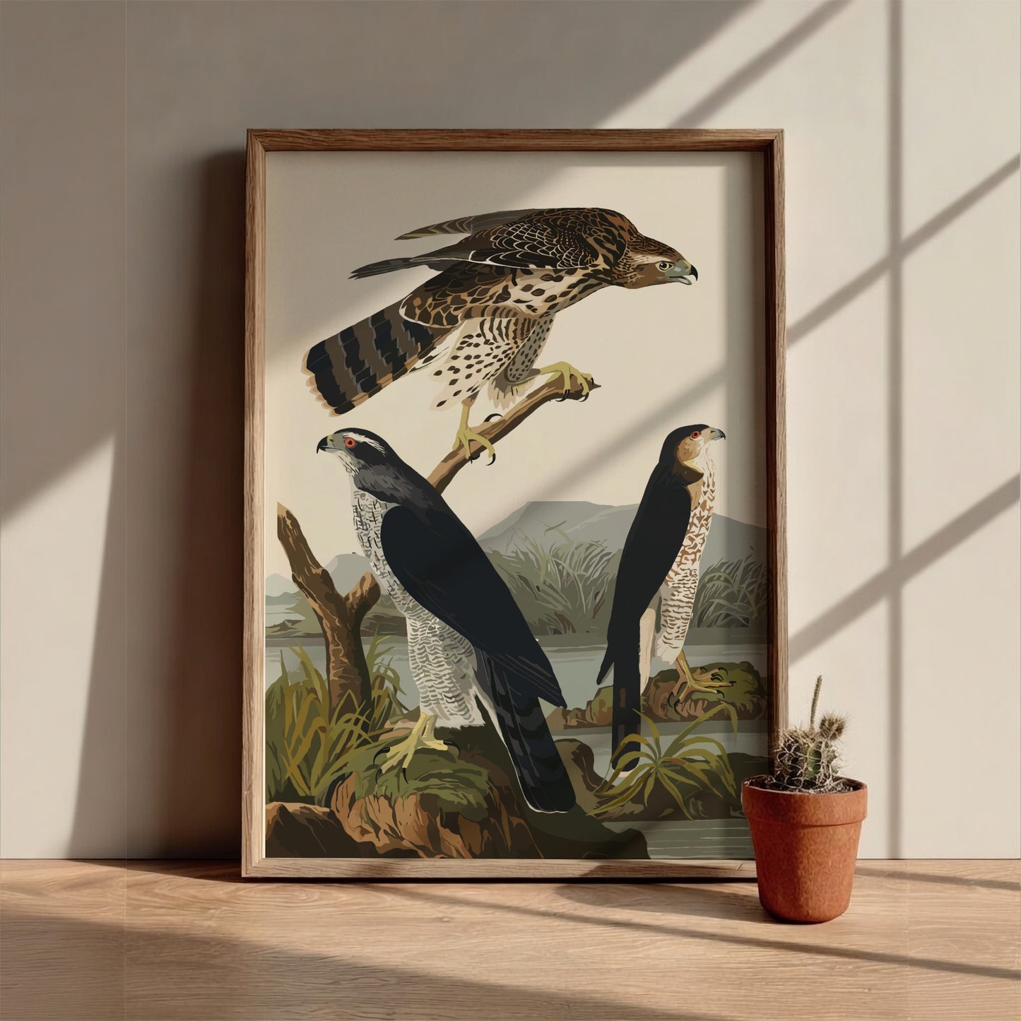 Goshawk and Stanley Hawk poster featuring vintage bird art with natural colors and serene landscape.