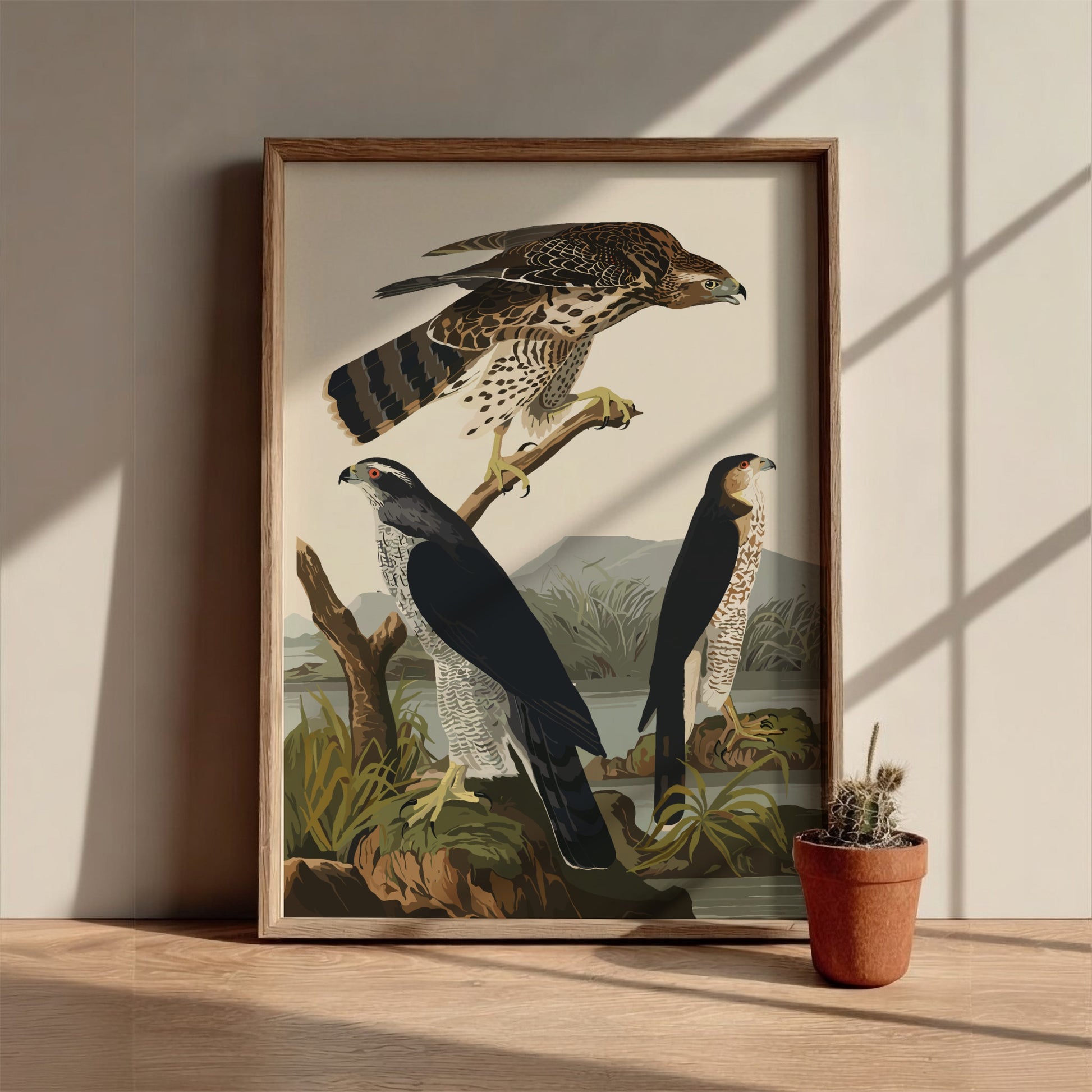 Goshawk and Stanley Hawk poster featuring vintage bird art with natural colors and serene landscape.