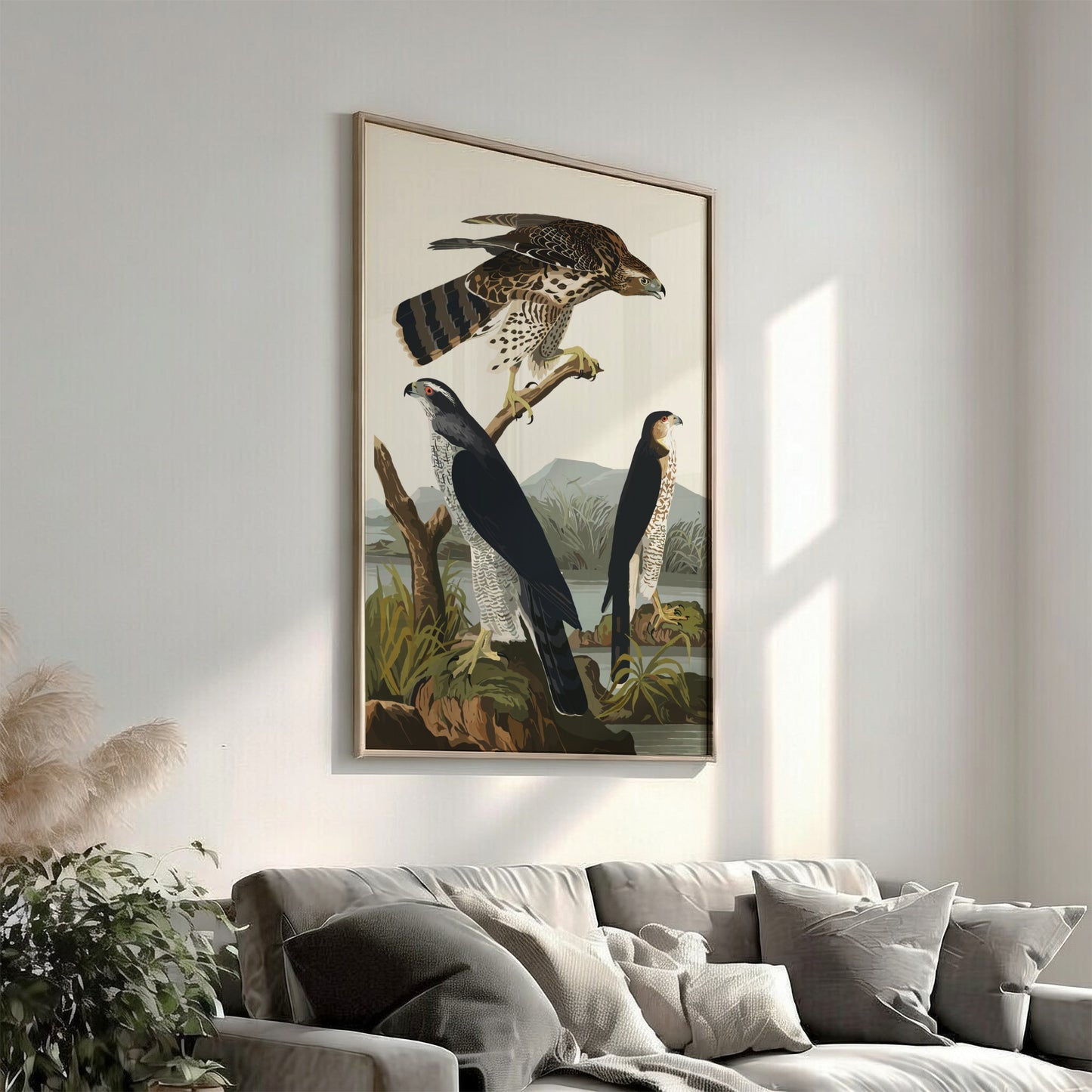 Goshawk and Stanley Hawk poster featuring vintage bird art with natural colors and serene landscape.