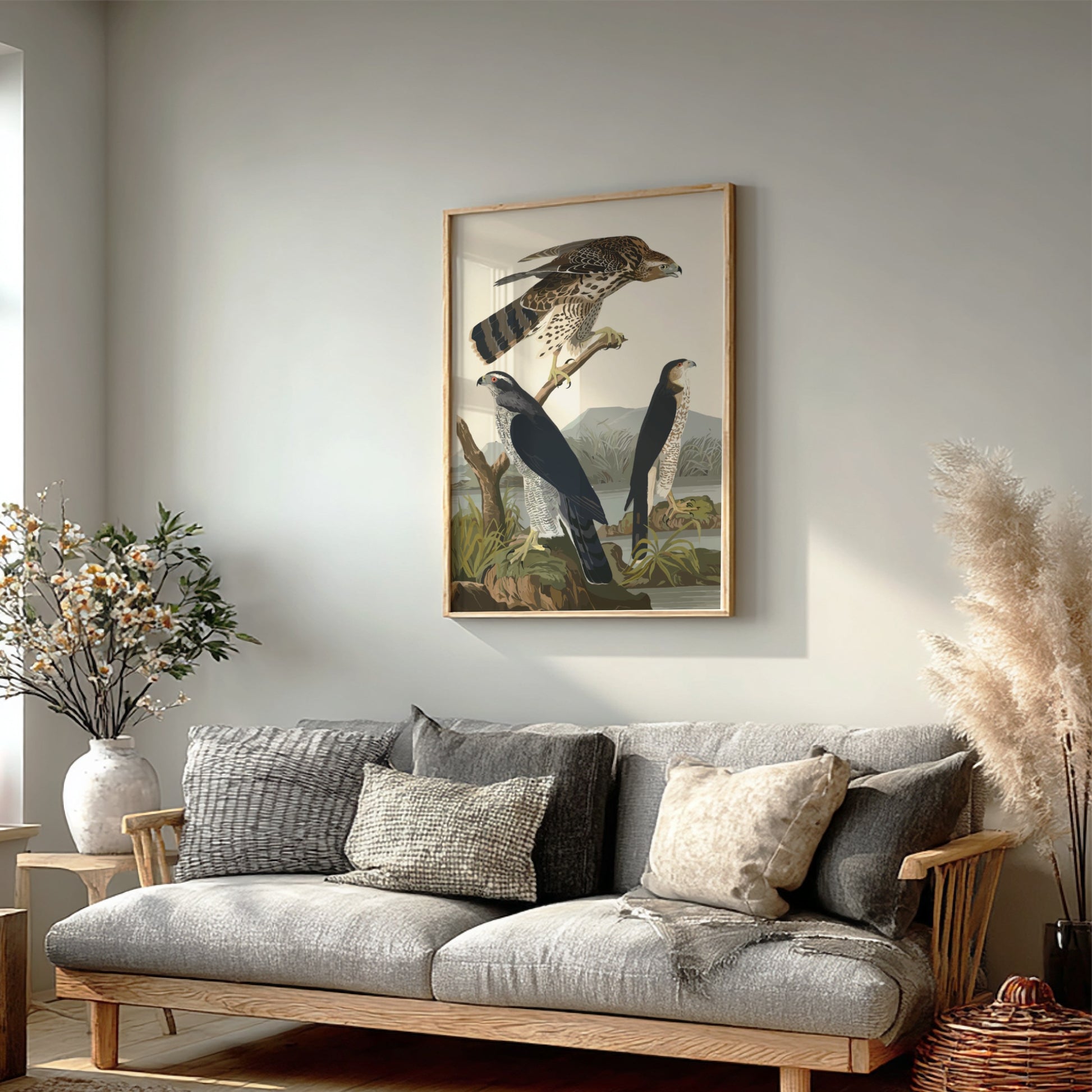 Goshawk and Stanley Hawk poster featuring vintage bird art with natural colors and serene landscape.