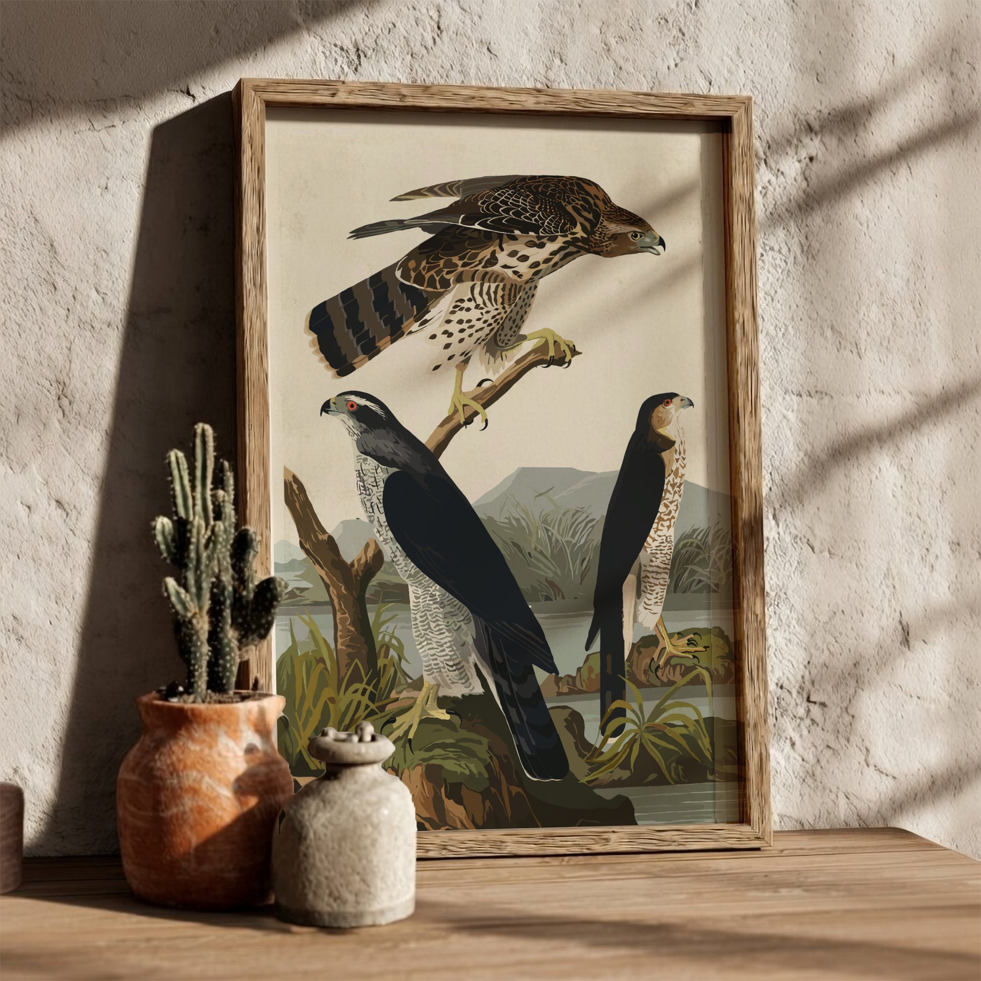 Goshawk and Stanley Hawk poster featuring vintage bird art with natural colors and serene landscape.