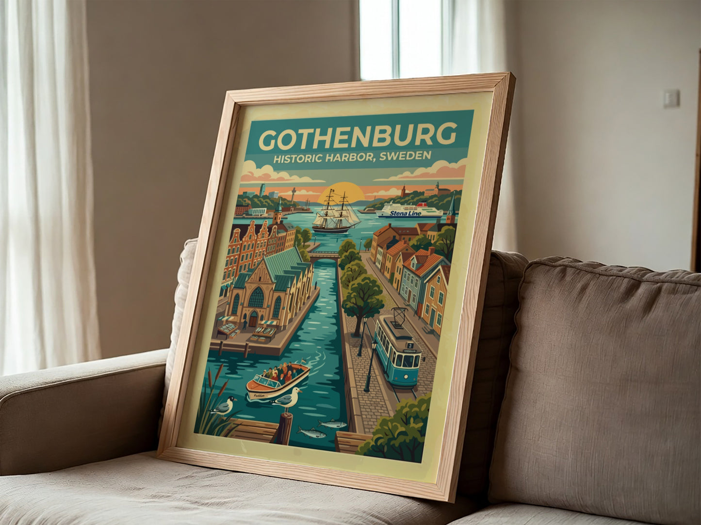 Travel poster of Gothenburg historic harbor with blue tram, sailing ship, and canal.