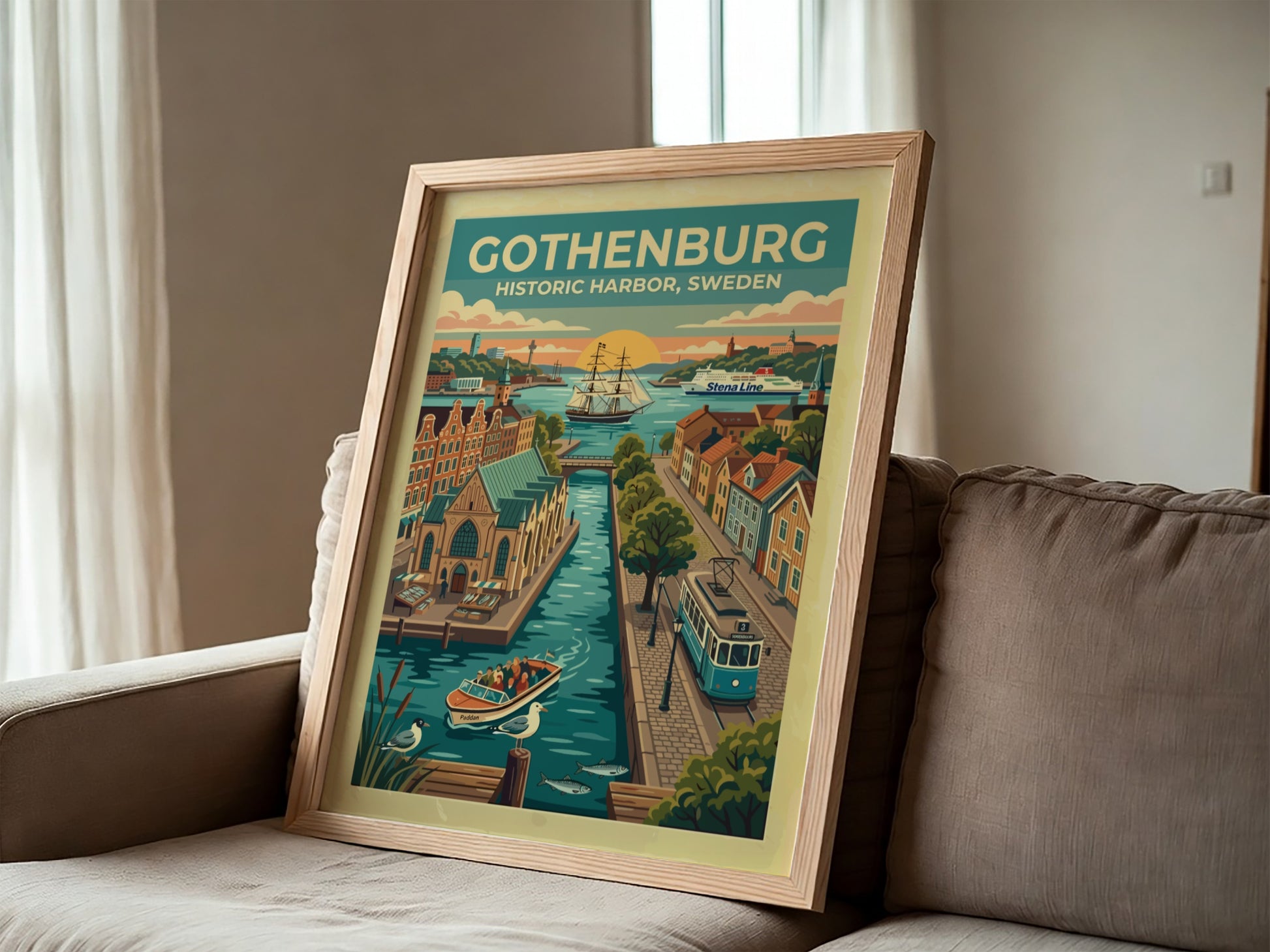 Travel poster of Gothenburg historic harbor with blue tram, sailing ship, and canal.