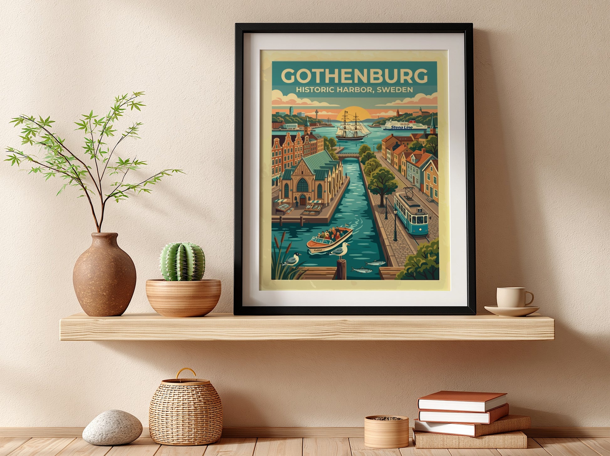 Travel poster of Gothenburg historic harbor with blue tram, sailing ship, and canal.