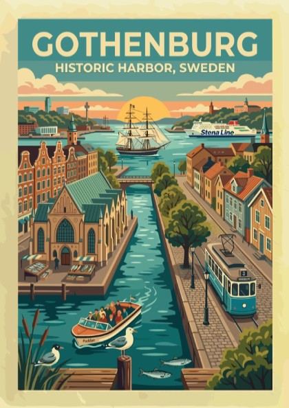 Travel poster of Gothenburg historic harbor with blue tram, sailing ship, and canal.