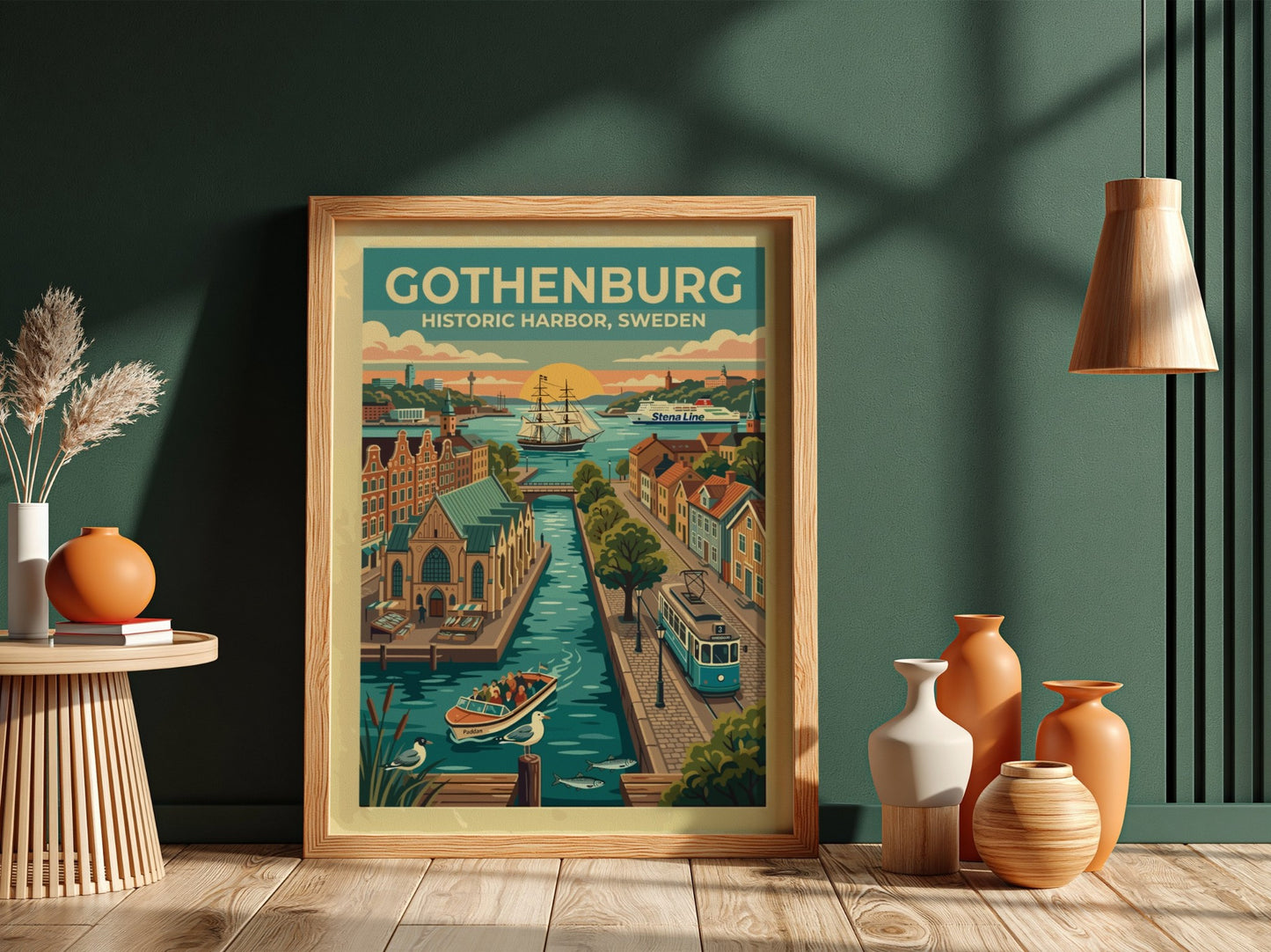 Travel poster of Gothenburg historic harbor with blue tram, sailing ship, and canal.