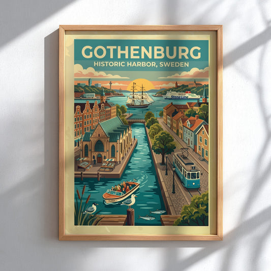 Travel poster of Gothenburg historic harbor with blue tram, sailing ship, and canal.