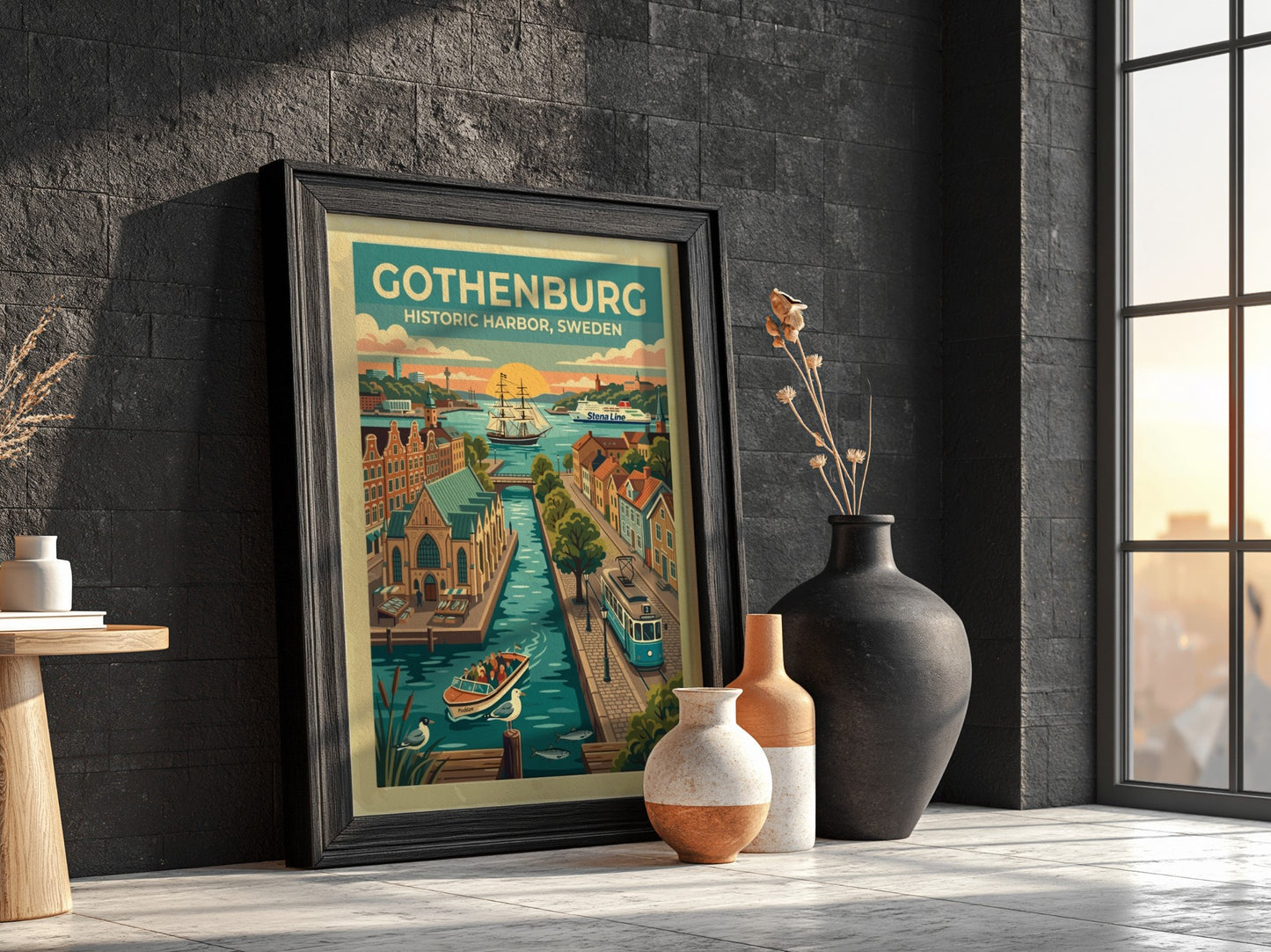 Travel poster of Gothenburg historic harbor with blue tram, sailing ship, and canal.