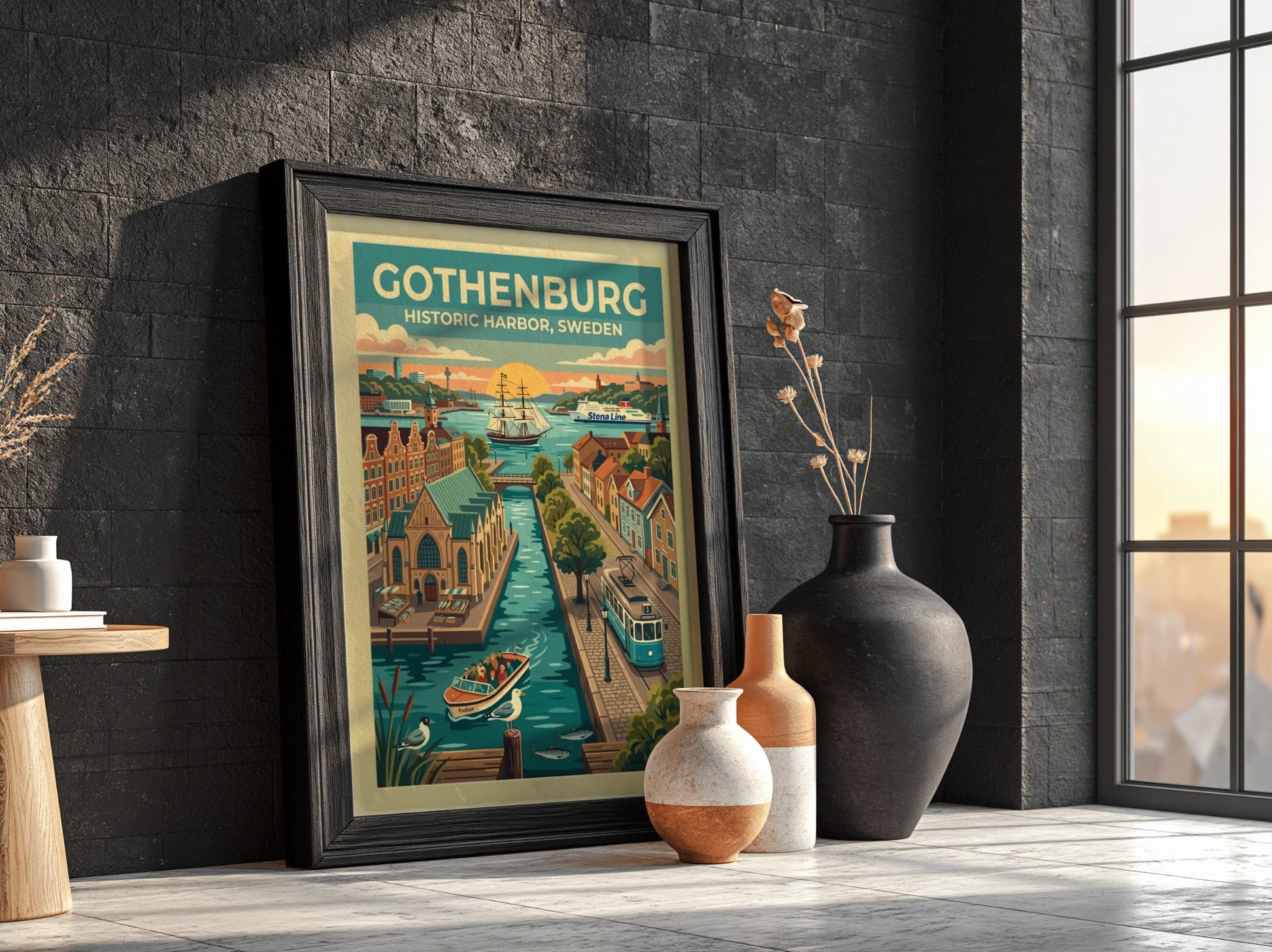 Travel poster of Gothenburg historic harbor with blue tram, sailing ship, and canal.