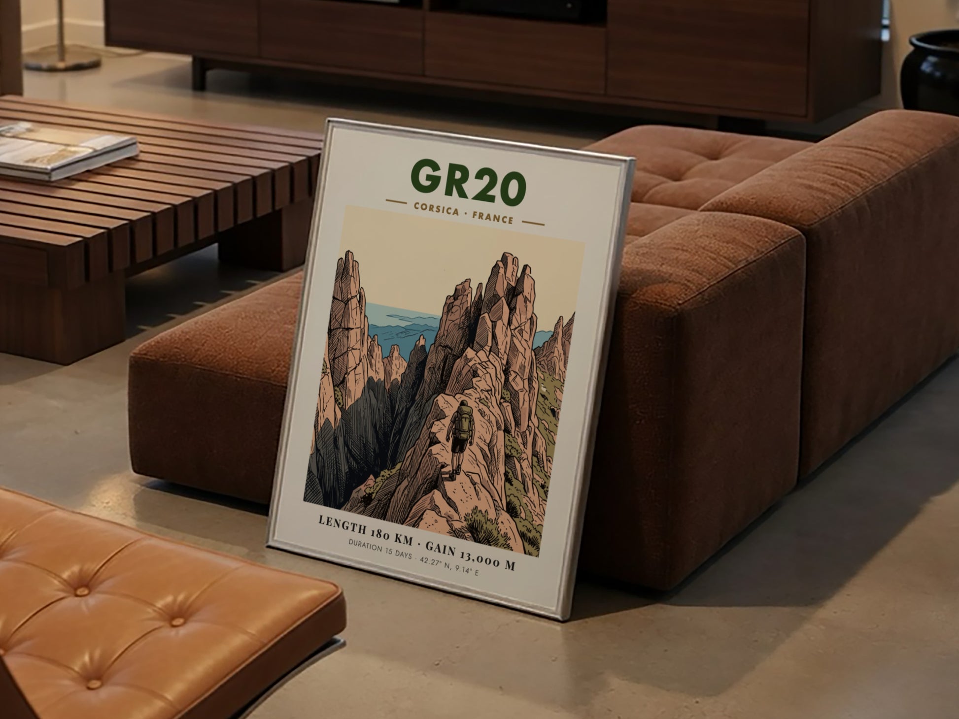 Poster featuring the GR20 Corsica hiking trail with jagged mountains and a lone hiker.