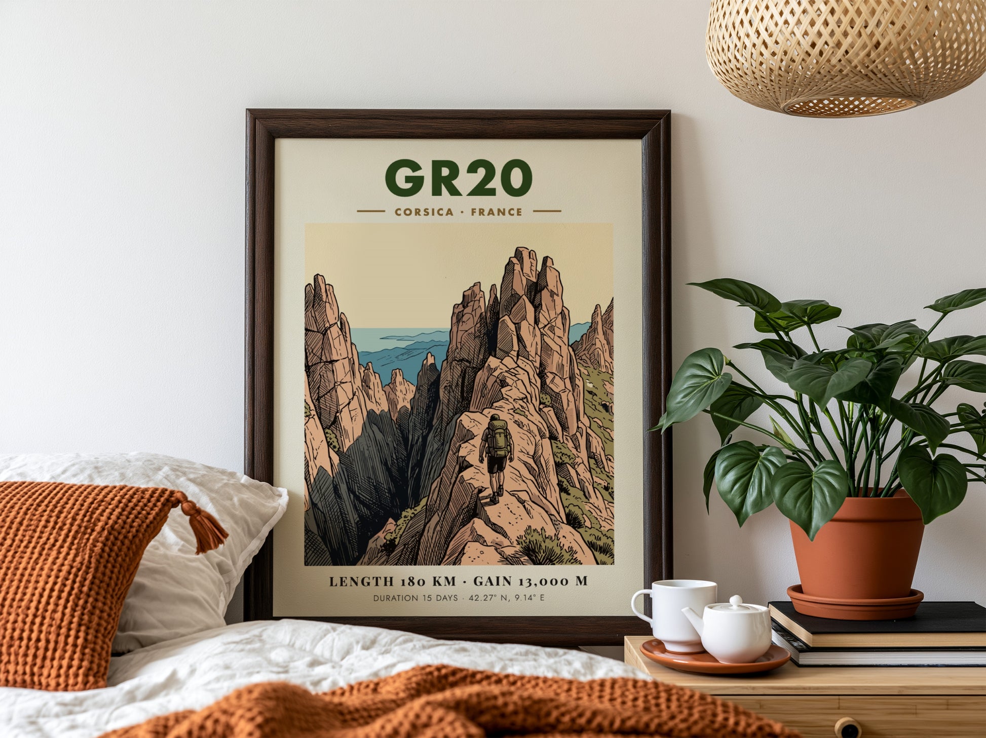 Poster featuring the GR20 Corsica hiking trail with jagged mountains and a lone hiker.