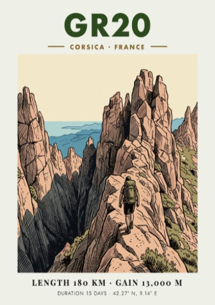 Poster featuring the GR20 Corsica hiking trail with jagged mountains and a lone hiker.