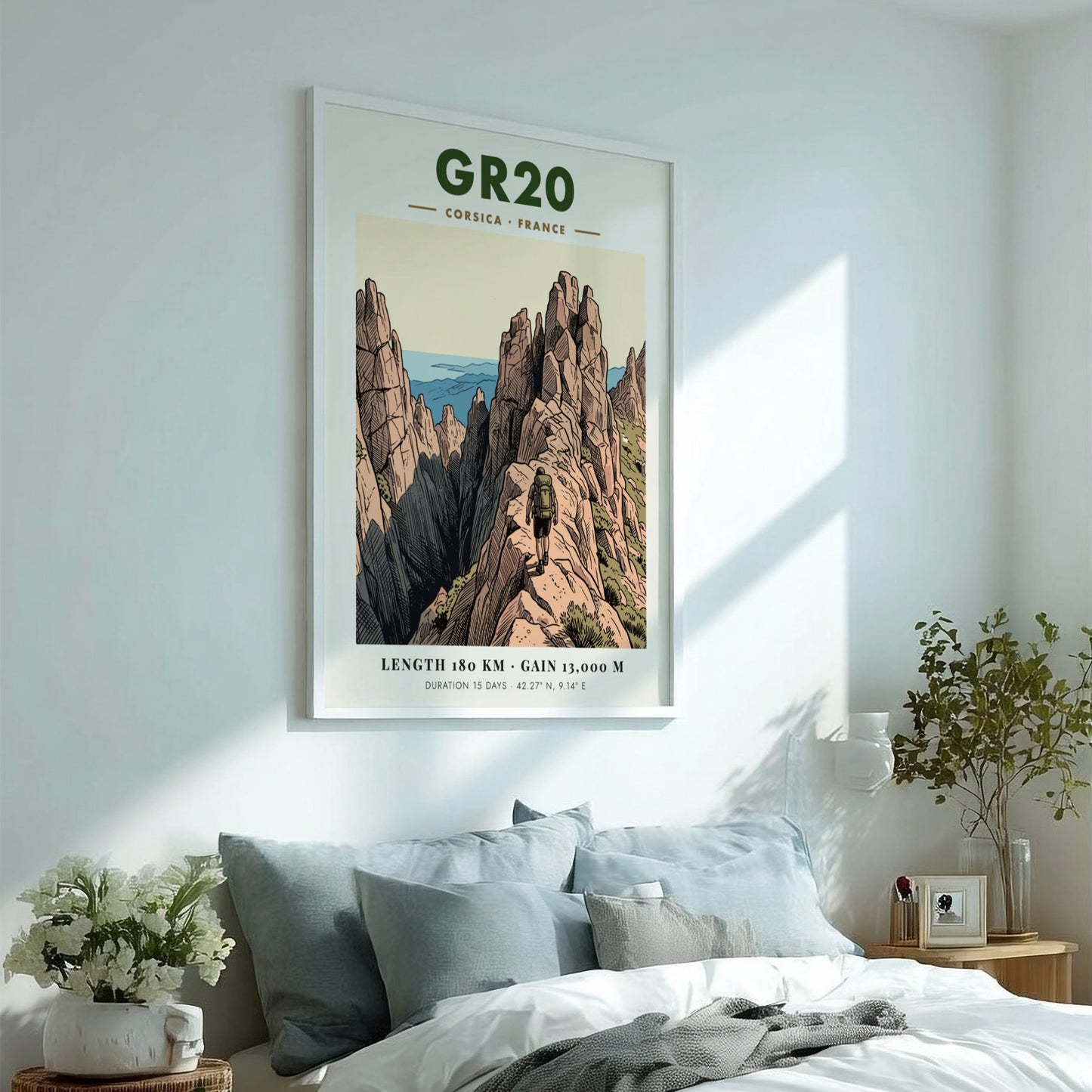Poster featuring the GR20 Corsica hiking trail with jagged mountains and a lone hiker.