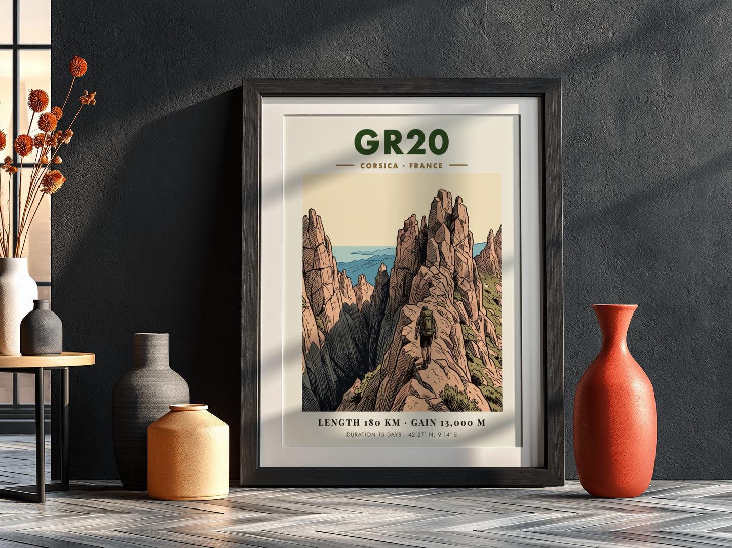 Poster featuring the GR20 Corsica hiking trail with jagged mountains and a lone hiker.