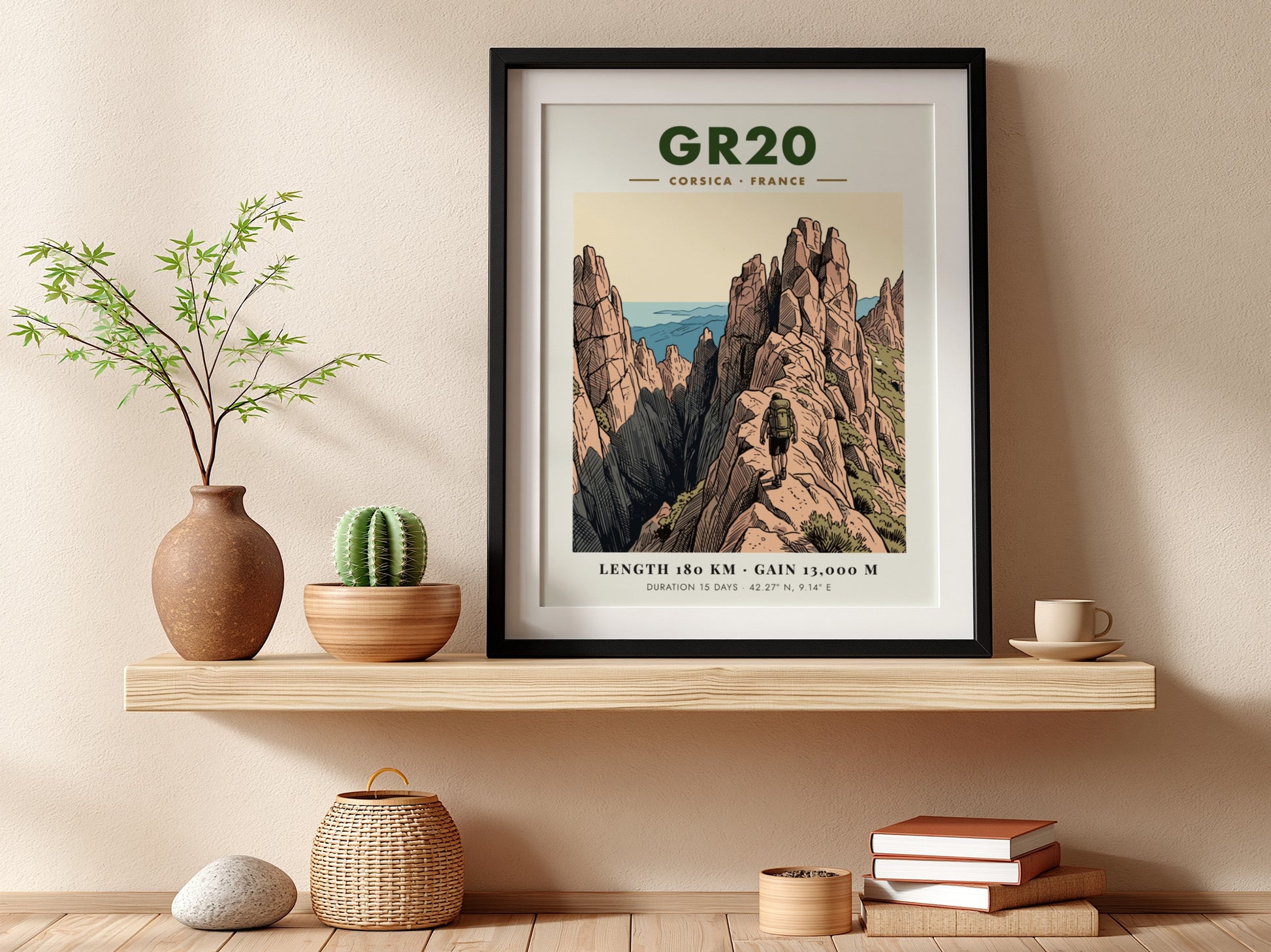 Poster featuring the GR20 Corsica hiking trail with jagged mountains and a lone hiker.