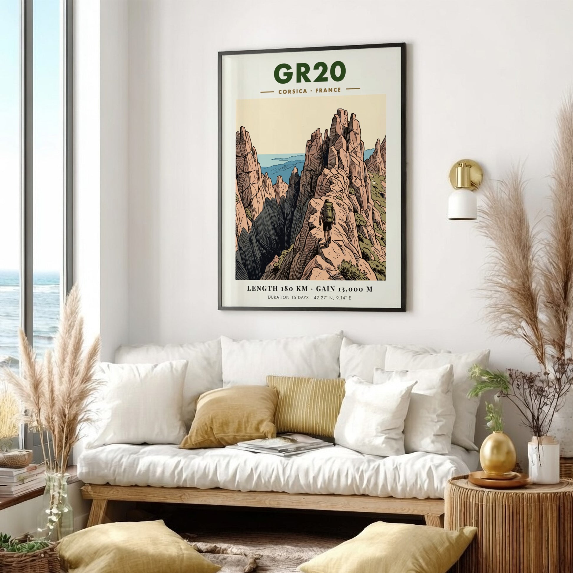 Poster featuring the GR20 Corsica hiking trail with jagged mountains and a lone hiker.