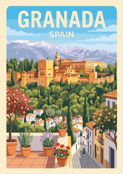 Granada Spain travel poster featuring the Alhambra fortress, mountain peaks, and potted flowers.