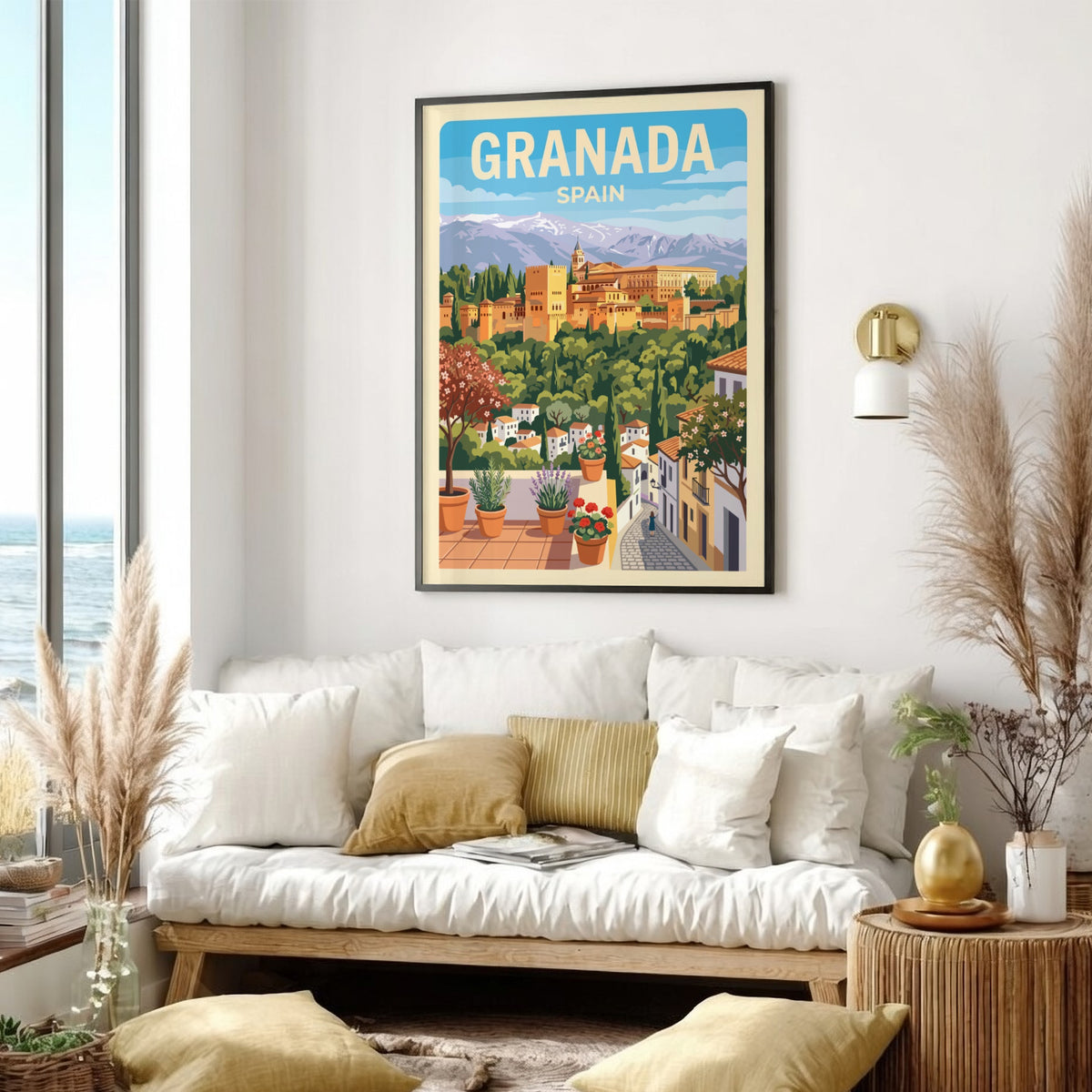Granada Spain travel poster featuring the Alhambra fortress, mountain peaks, and potted flowers.