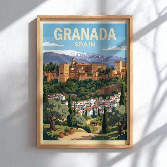 Poster of Granada Spain featuring the Alhambra fortress, snowy mountains, and olive trees.