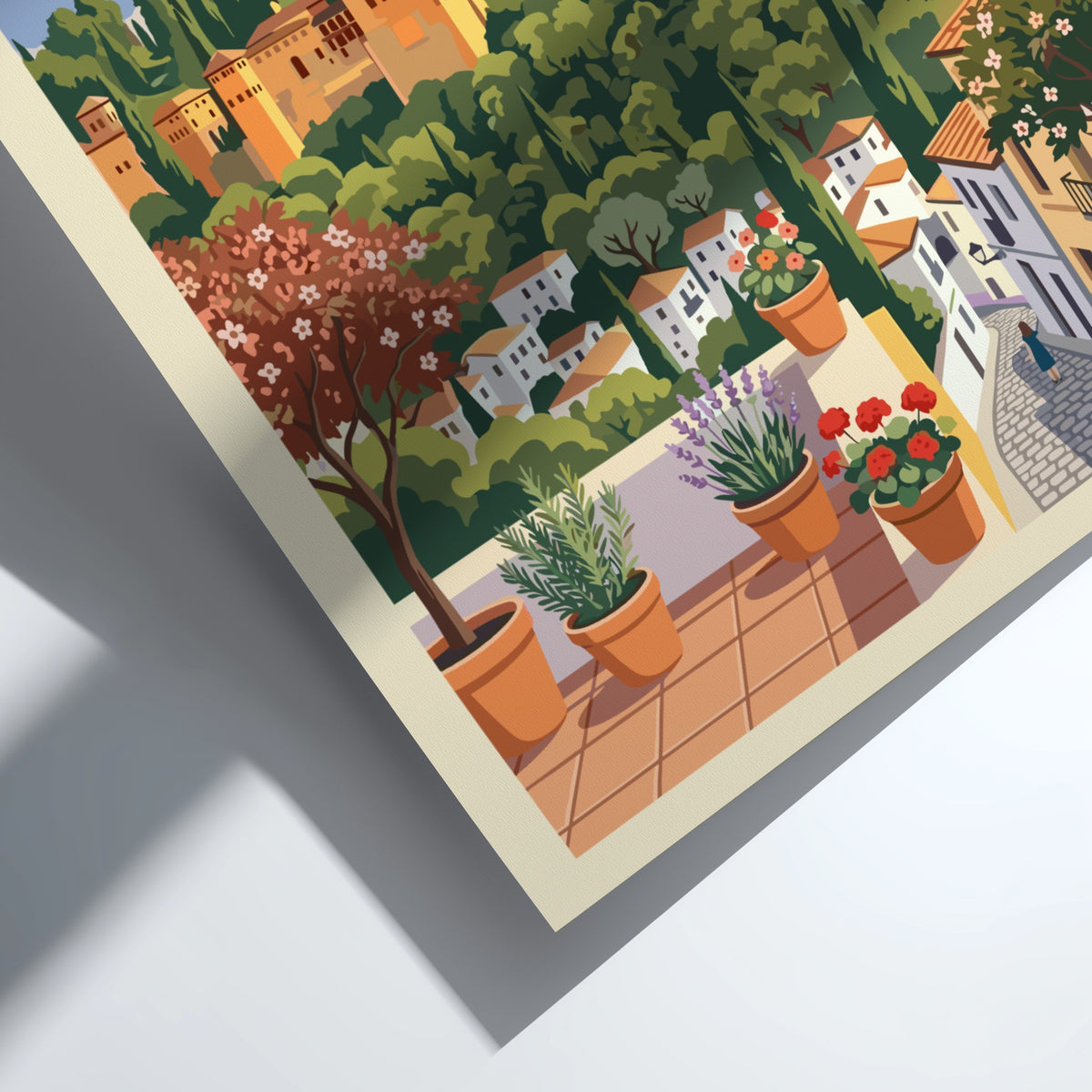Granada Spain travel poster featuring the Alhambra fortress, mountain peaks, and potted flowers.