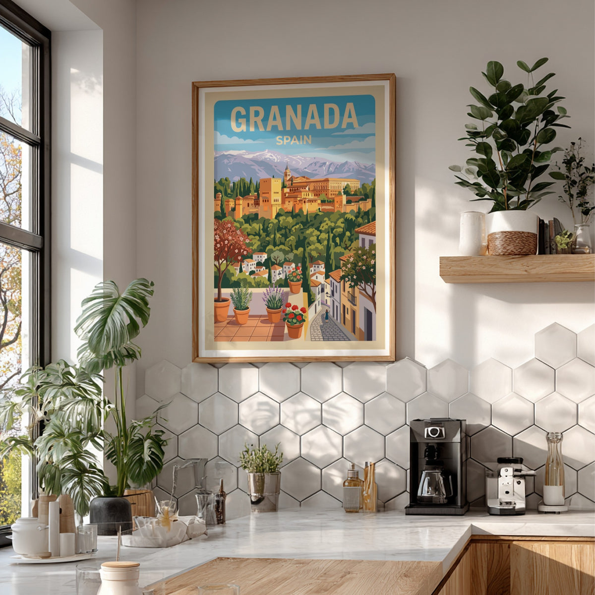 Granada Spain travel poster featuring the Alhambra fortress, mountain peaks, and potted flowers.