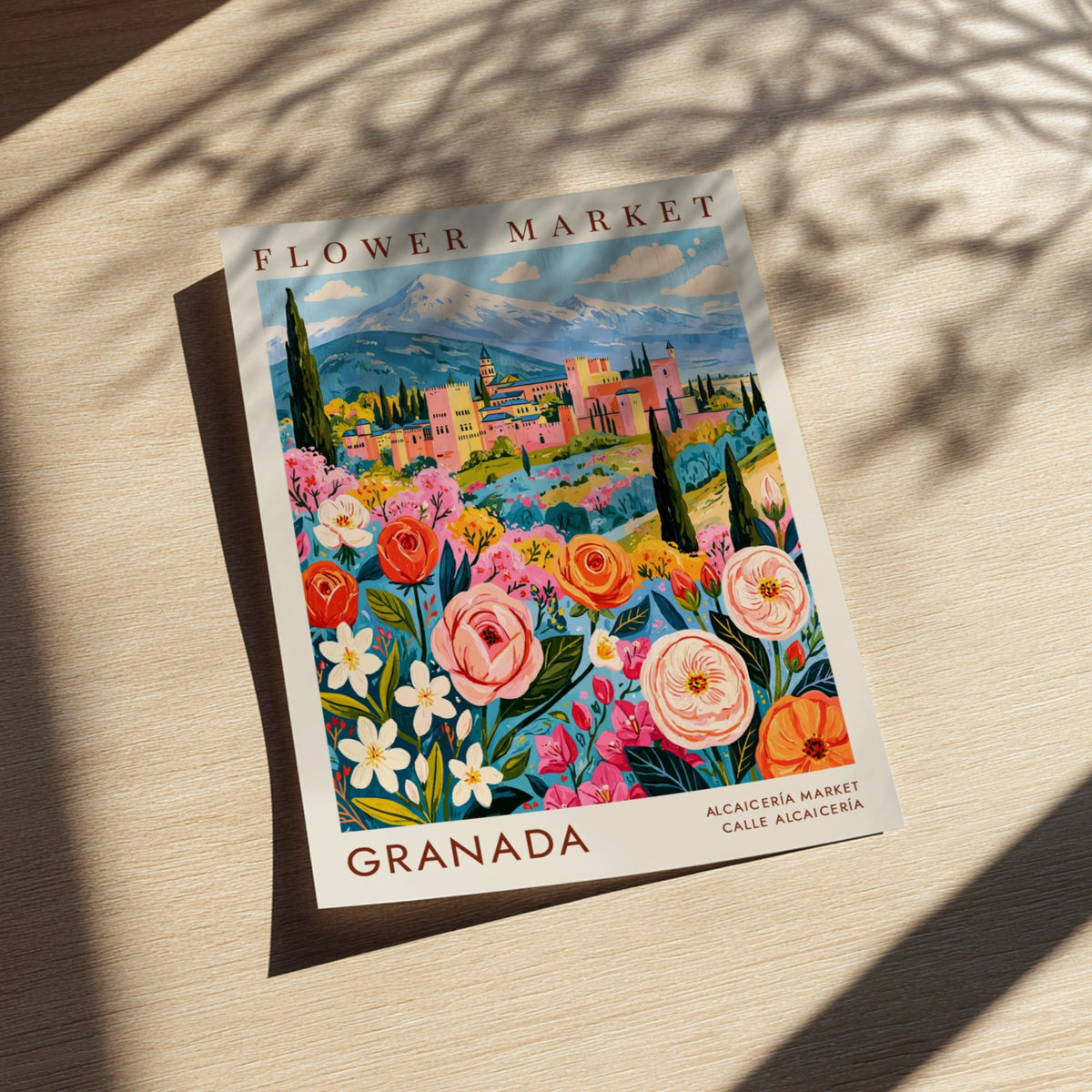 Flower market poster featuring vibrant flowers and scenic city views in Granada, perfect for home decor.