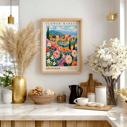 Flower market poster featuring vibrant flowers and scenic city views in Granada, perfect for home decor.