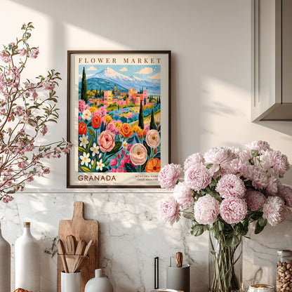 Flower market poster featuring vibrant flowers and scenic city views in Granada, perfect for home decor.