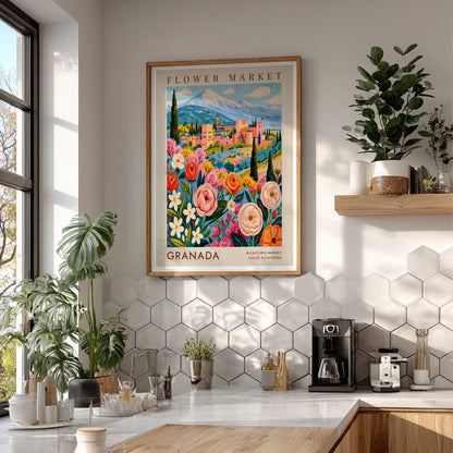 Flower market poster featuring vibrant flowers and scenic city views in Granada, perfect for home decor.