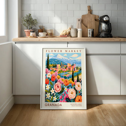 Flower market poster featuring vibrant flowers and scenic city views in Granada, perfect for home decor.