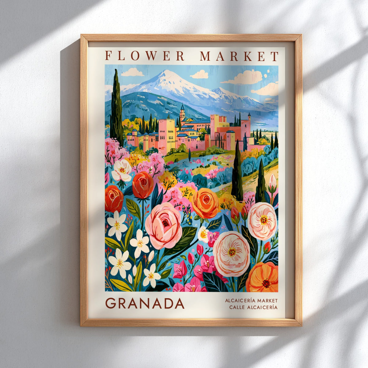 Flower market poster featuring vibrant flowers and scenic city views in Granada, perfect for home decor.