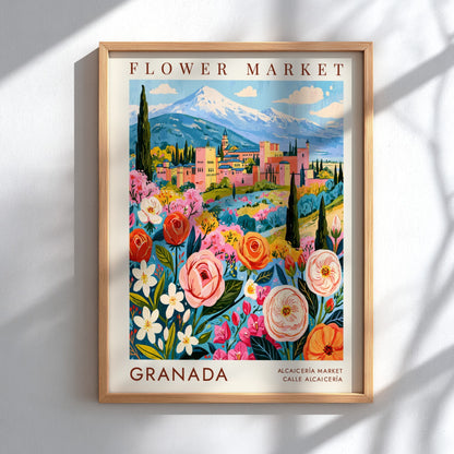 Flower market poster featuring vibrant flowers and scenic city views in Granada, perfect for home decor.