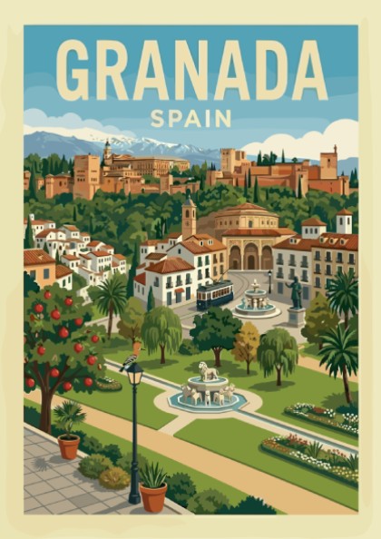 Vintage travel poster of Granada, Spain, featuring the Alhambra and cityscape in a retro style.