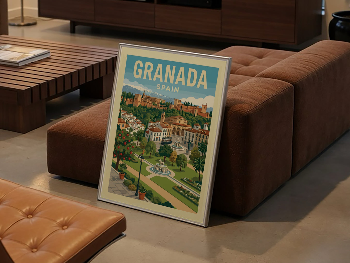 Vintage travel poster of Granada, Spain, featuring the Alhambra and cityscape in a retro style.