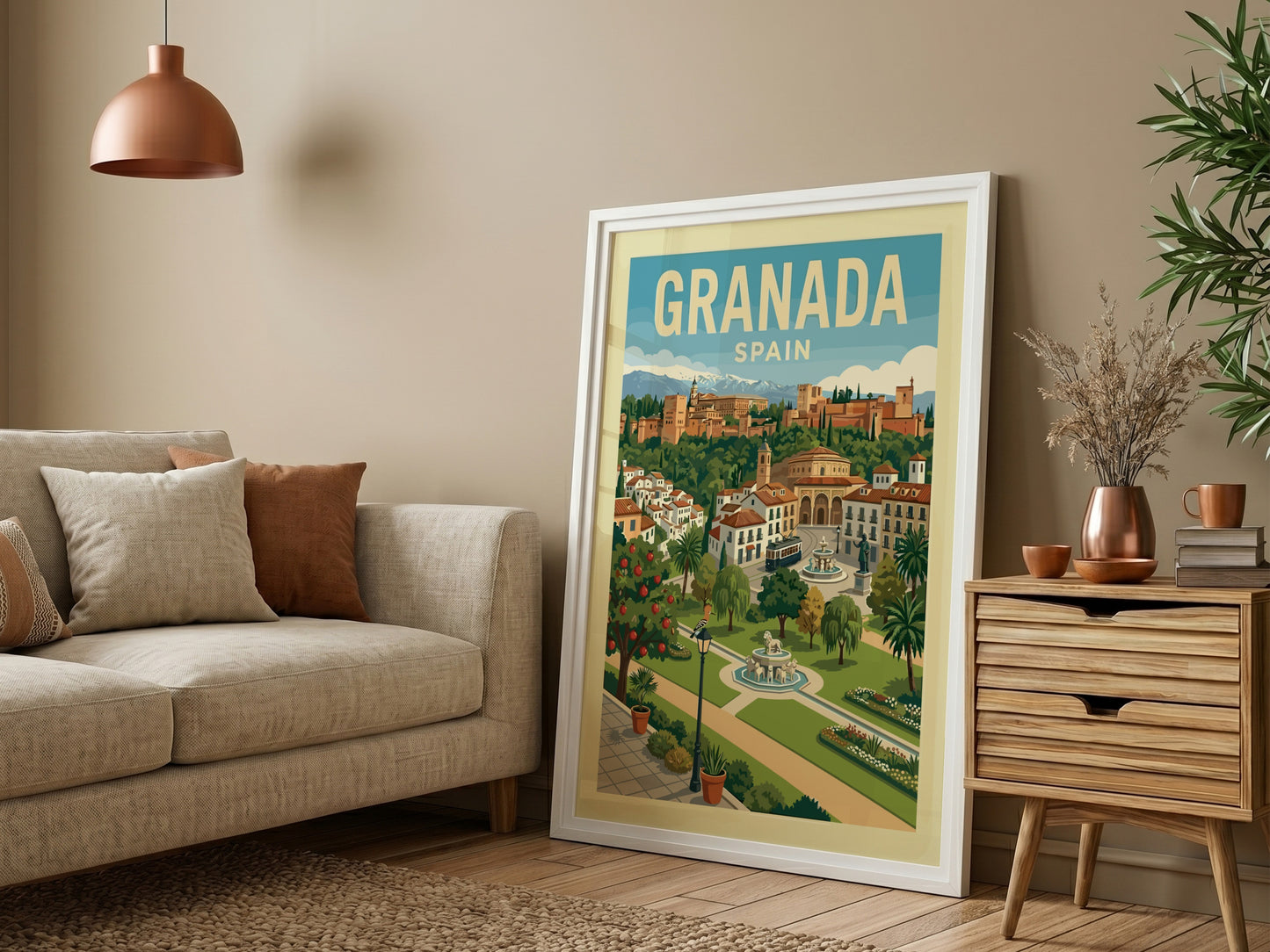Vintage travel poster of Granada, Spain, featuring the Alhambra and cityscape in a retro style.