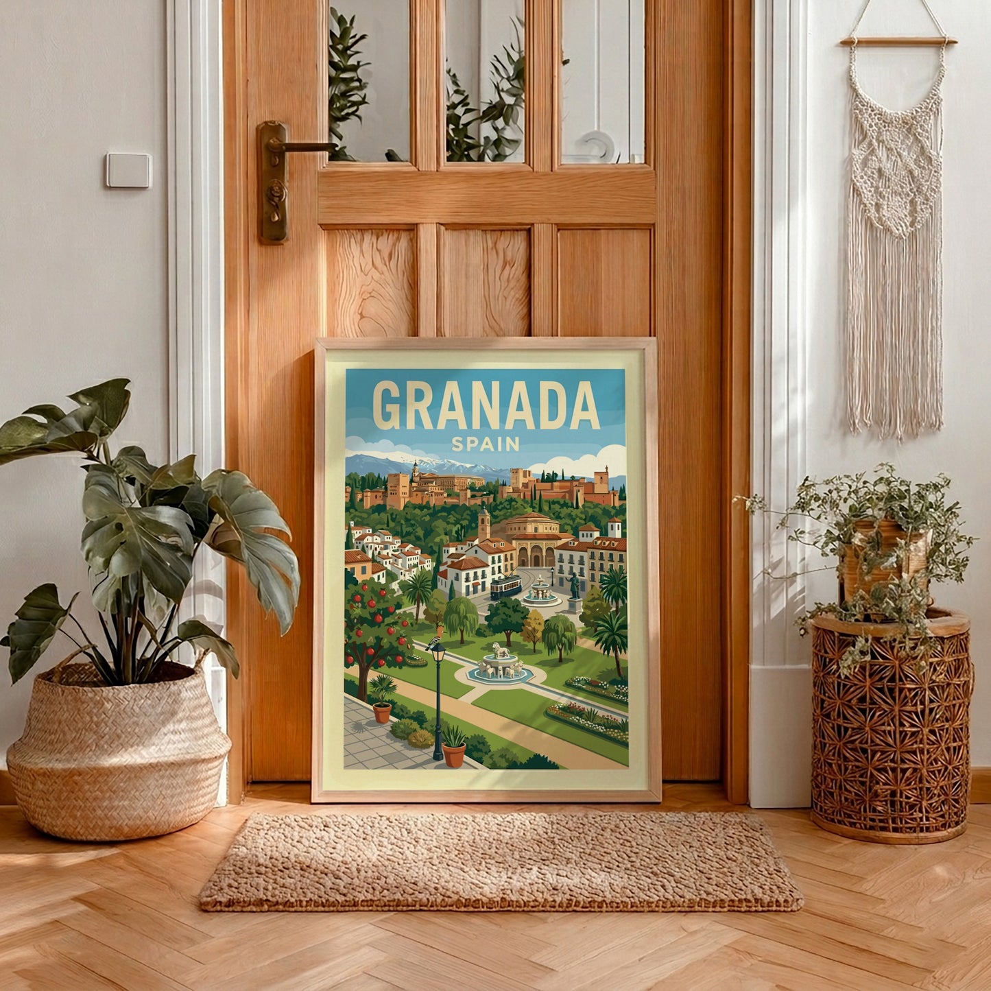 Vintage travel poster of Granada, Spain, featuring the Alhambra and cityscape in a retro style.
