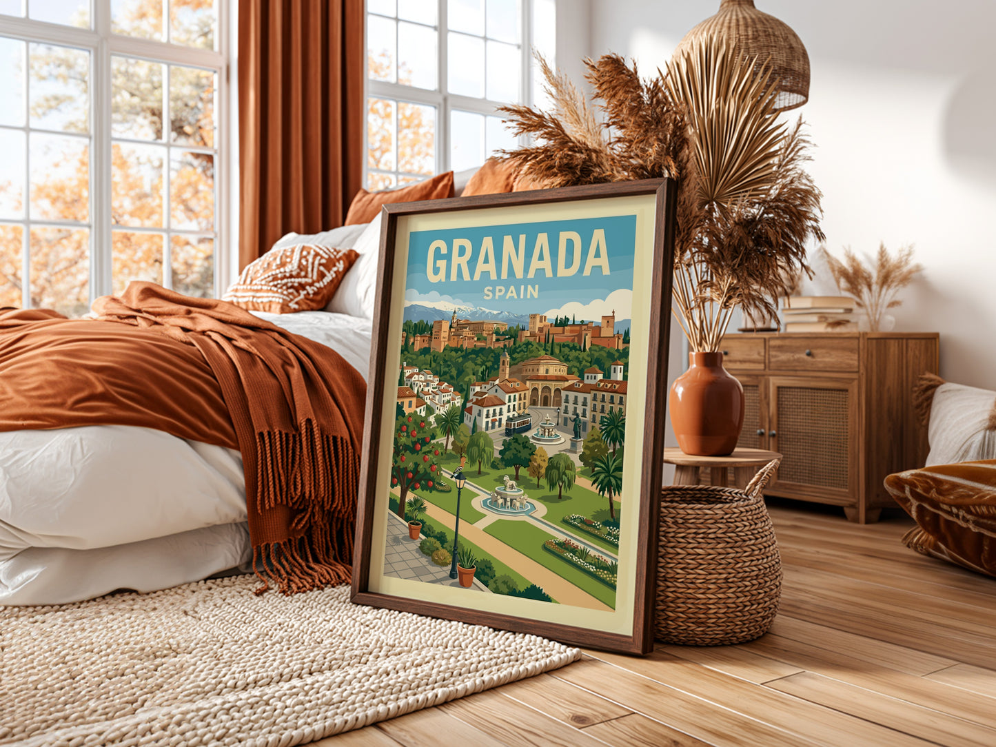 Vintage travel poster of Granada, Spain, featuring the Alhambra and cityscape in a retro style.