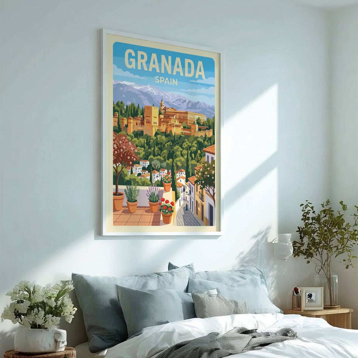 Granada Spain travel poster featuring the Alhambra fortress, mountain peaks, and potted flowers.
